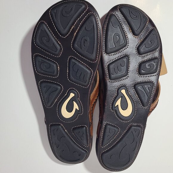 OluKai Mea Ola Leather Tan/Dark Java Men's Sandal/Flip Flop Size 14 NWT - Picture 2 of 5